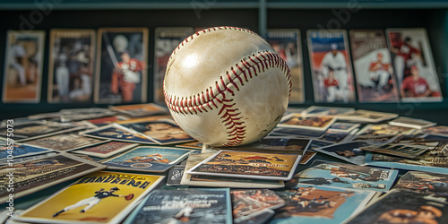 Vintage baseball surrounded by collectible sports cards, showcasing rich sports history. photo