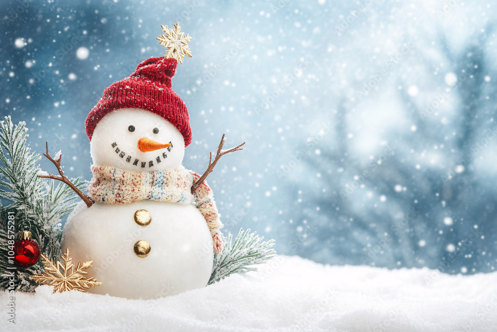 Obraz premium cute snowman in red hat and scarf over snow winter background with copy space