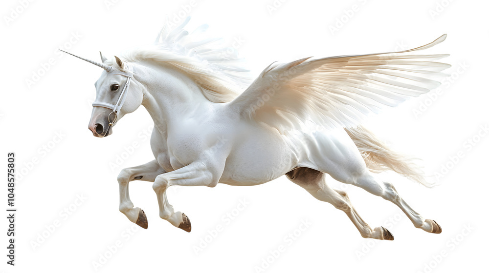 Majestic white winged horse, Pegasus, in flight, isolated on white background Majestic white winged horse, Pegasus, in flight, isolated on white background
