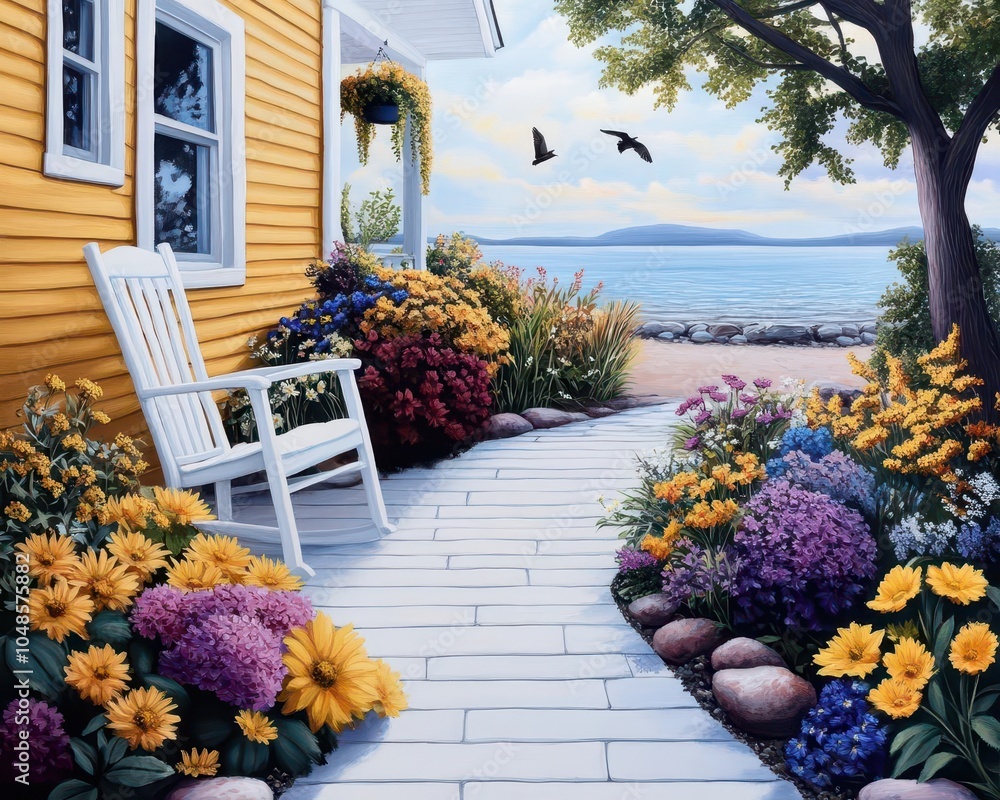 Fototapeta premium Summer array, vibrant colors, joyful scenes, cozy setting, inviting