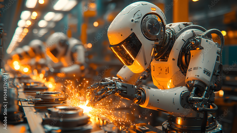 A High-Tech Factory Floor Featuring Advanced Robotic Arms Engaged in Welding Metal Components, Showcasing the Integration of Automation and Precision Engineering in Modern Manufacturing Environments.
A High-Tech Factory Floor Featuring Advanced Robotic Arms Engaged in Welding Metal Components, Showcasing the Integration of Automation and Precision Engineering in Modern Manufacturing Environments.