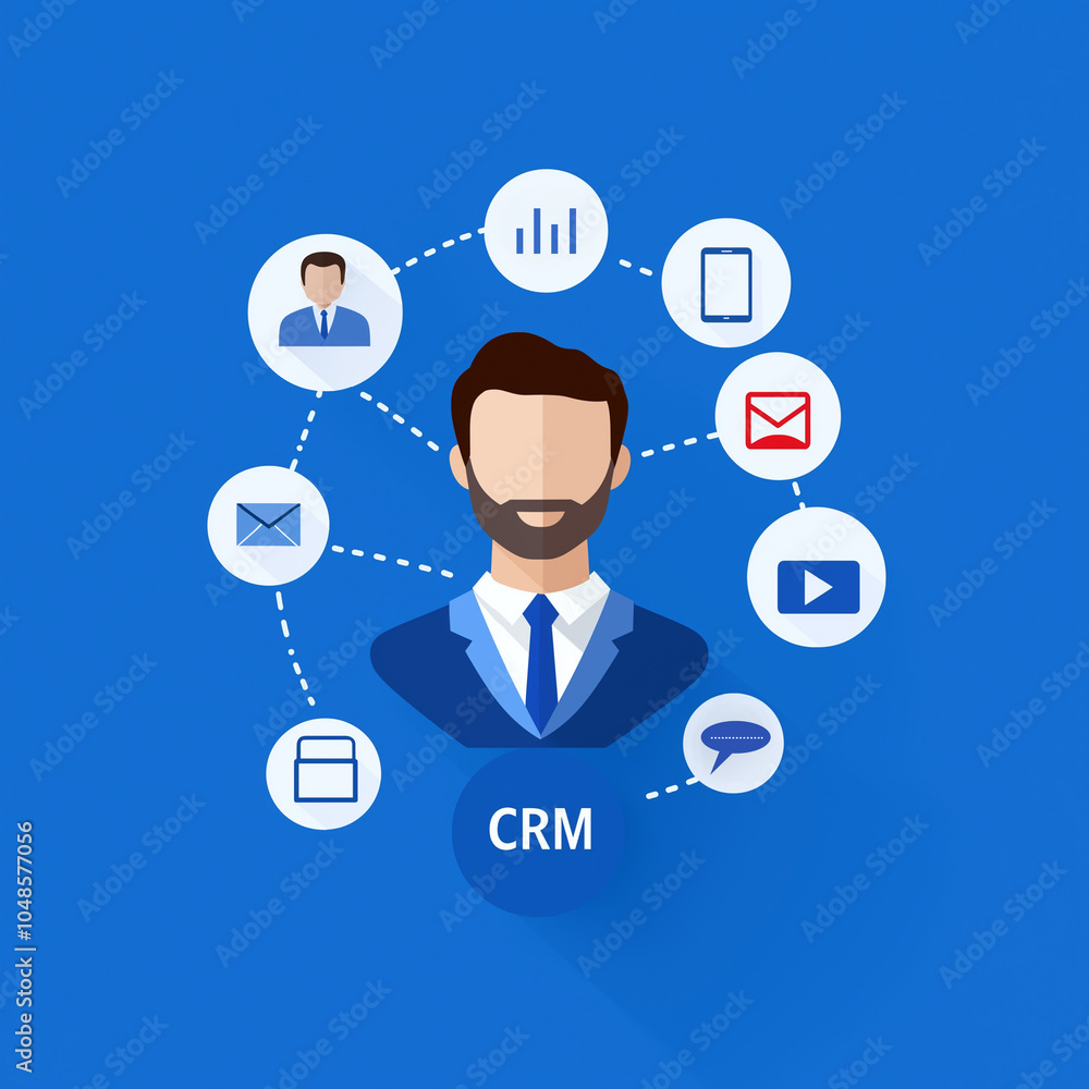 Illustration of CRM concept with icons representing communication, management, and connectivity on a blue background. Illustration of CRM concept with icons representing communication, management, and connectivity on a blue background.