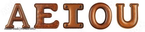 Pack of vowel letters A, E, I, O, U in Leathers style set against transparent background photo