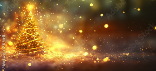 Wallpaper Mural Un árbol de Navidad adornado con adornos dorados se destaca sobre un fondo borroso de luces brillantes, una cinta dorada y efecto bokeh. Esta imagen evoca el concepto de una tarjeta navideña. Torontodigital.ca