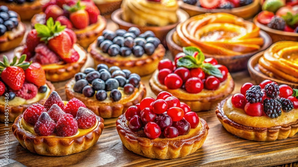 Close-up of Exquisite French Bakery Desserts with Berry Tarts and Croissants for Culinary Art Lovers Close-up of Exquisite French Bakery Desserts with Berry Tarts and Croissants for Culinary Art Lovers