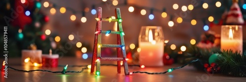 Christmas lights bokeh, minimalist geometric Christmas tree, warm candlelight glow, festive holiday atmosphere, cozy interior, blurred background, soft focus, golden hour lighting, rustic wooden surfa photo