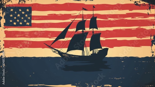 Vintage American Ship Silhouette Against Distressed Flag Background