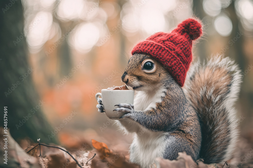 Obraz premium close up of cute squirrel in red knitted hat holding cup of coffee over autumn forest background