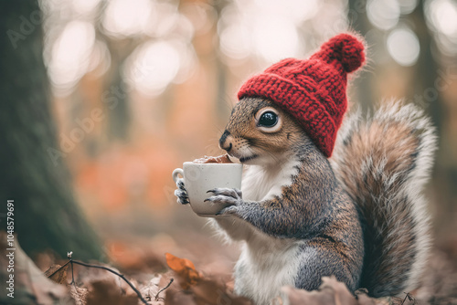 close up of cute squirrel in red knitted hat holding cup of coffee over autumn forest background