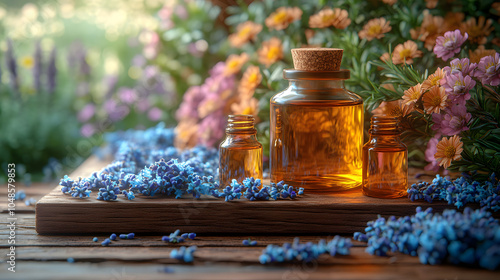 A Table Displaying Various Essential Oils, Dried Herbs, and Botanicals, Creating an Aromatic and Natural Ambience, Perfect for Wellness and Aromatherapy Practices. 