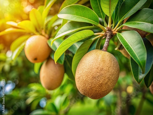 Close-up of Manilkara zapota Fruit on Tree – Tropical Natural Product Photography photo