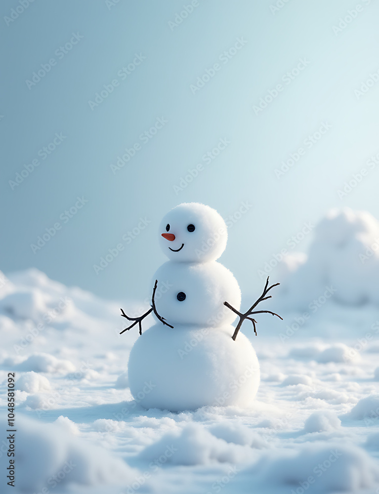 Snowman stands amidst snowy landscape with empty space around it. Snowman stands amidst snowy landscape with empty space around it.
