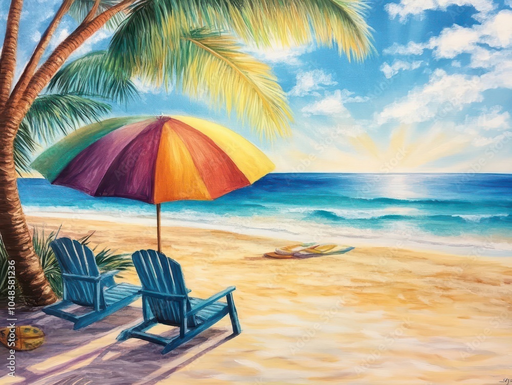 Fototapeta premium Summer play, vibrant colors, joyful scenes, beach setting, inviting