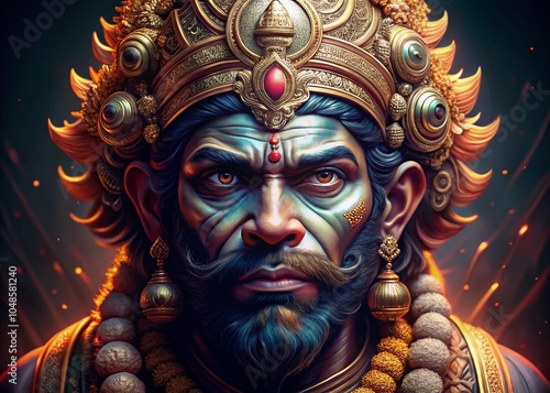 Close-Up Portrait of Hanuman: Dramatic Illustration Capturing the Serious Gaze of the Indian God Emerging from Darkness