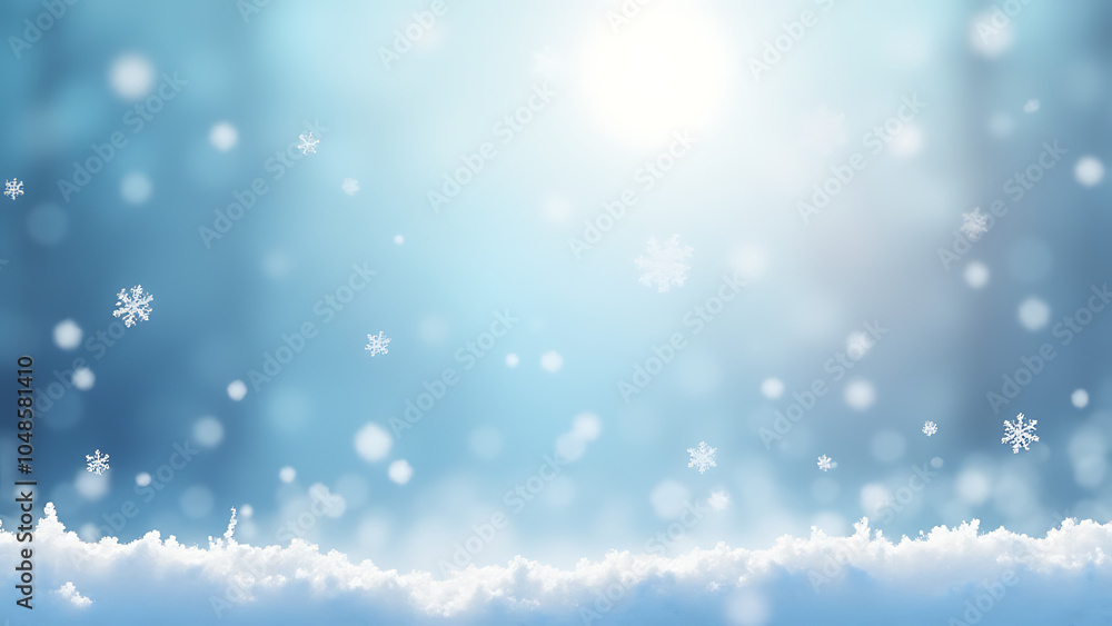 Snowflakes fall gently on a winter scene with soft light, blue sky, and beautiful bokeh in a clean banner format with space. Snowflakes fall gently on a winter scene with soft light, blue sky, and beautiful bokeh in a clean banner format with space.