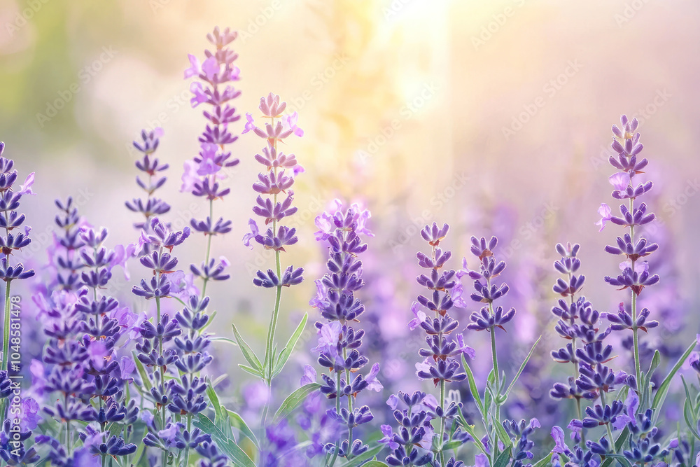 Naklejka premium A lot of beautiful purple flowers in a meadow close-up.