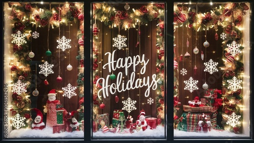 Holiday-themed storefront window with festive decorations and lights