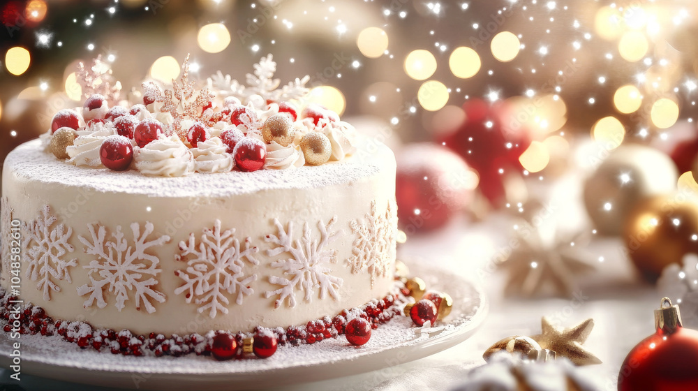 beautifully decorated Christmas cake with intricate snowflake patterns, topped with whipped cream and red berries, sits on festive table surrounded by holiday lights and ornaments. beautifully decorated Christmas cake with intricate snowflake patterns, topped with whipped cream and red berries, sits on festive table surrounded by holiday lights and ornaments.