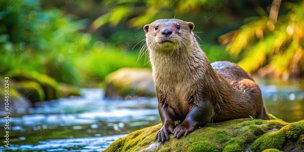 A Curious Otter Resting On A Moss Covered Rock Beside A Stream With Lush Green Foliage In The Background
