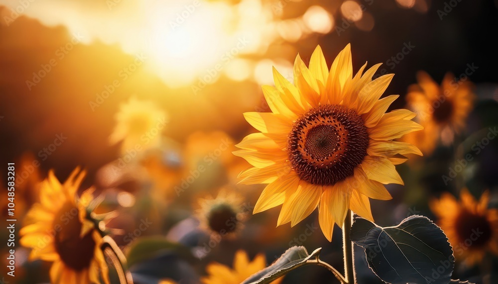 Fototapeta premium Sunflower field, vibrant colors, lush scenery, serene environment, inviting
