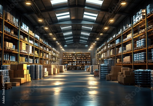 Spacious Modern Warehouse Interior With Stacked Shelves and Boxes