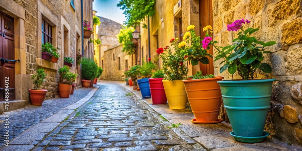 Fototapeta premium Colorful Flower Pots in Narrow Streets of Rhodes, Greece - Minimalist Photography
