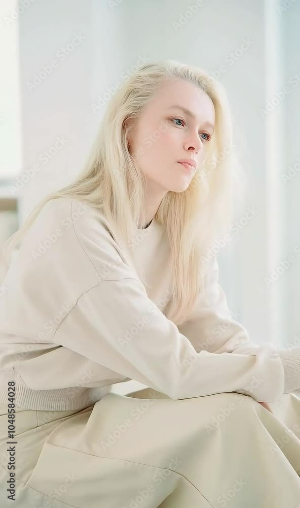 A young blonde, fair-skinned woman sits in a bright, cozy room. Her expression shows realization and doubt, aware of a wrong choice and trying to correct it A young blonde, fair-skinned woman sits in a bright, cozy room. Her expression shows realization and doubt, aware of a wrong choice and trying to correct it