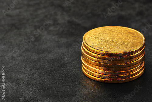 Stack of golden coins with shine, black studio background, wealth and luxury photo