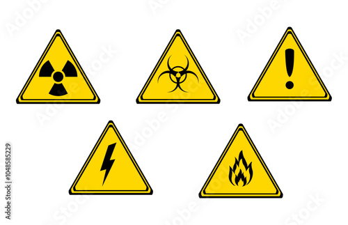 warning sign in laboratory. radioactive, biohazard, warning, flame, electric current sign.