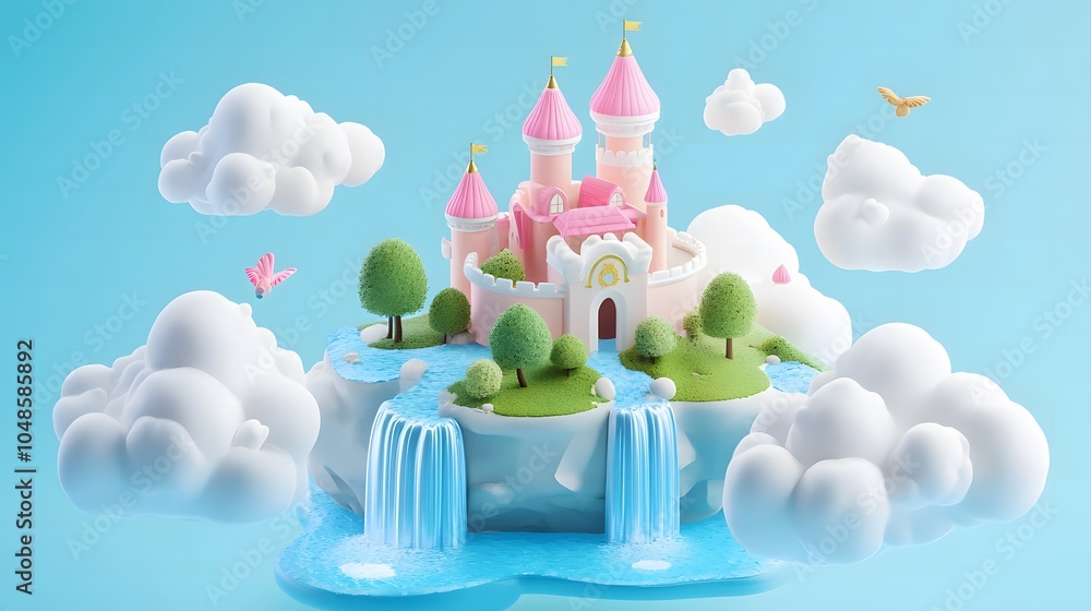 floating island with a magical castle surrounded by clouds and waterfalls,3d isometric floating island with a magical castle surrounded by clouds and waterfalls,3d isometric