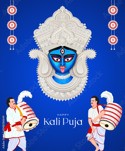 Illustration of Goddess Kali in a traditional white headdress with festive symbols, wishing a happy kali Puja, maa kali face