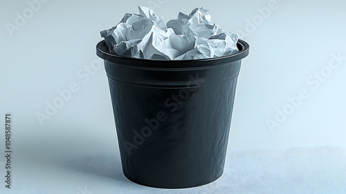 A Black Trash Can Filled with Crumpled White Paper, Set Against a White Background. A Symbol of Waste Management and Environmental Awareness. Ideal for Illustrating Recycling and Cleanup Themes. 