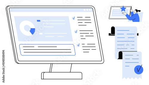 Wallpaper Mural Monitor screen showing data analytics and task management with checklists and pie chart. Person checking details on responsive device. Ideal for productivity, efficiency, digital tools, data Torontodigital.ca