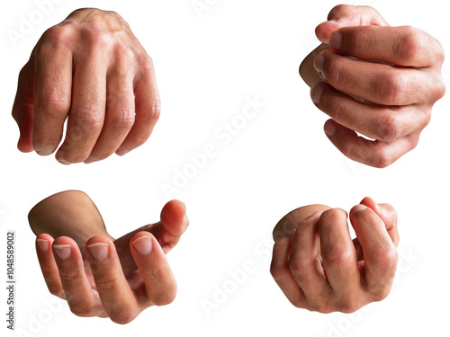Loosely clenched fist with palms, fingers and nails in different positions front view isolated on white