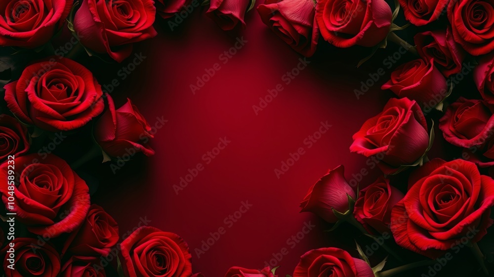 A vibrant red backdrop adorned with a romantic arrangement of crimson roses, forming a delicate frame for a captivating message A vibrant red backdrop adorned with a romantic arrangement of crimson roses, forming a delicate frame for a captivating message