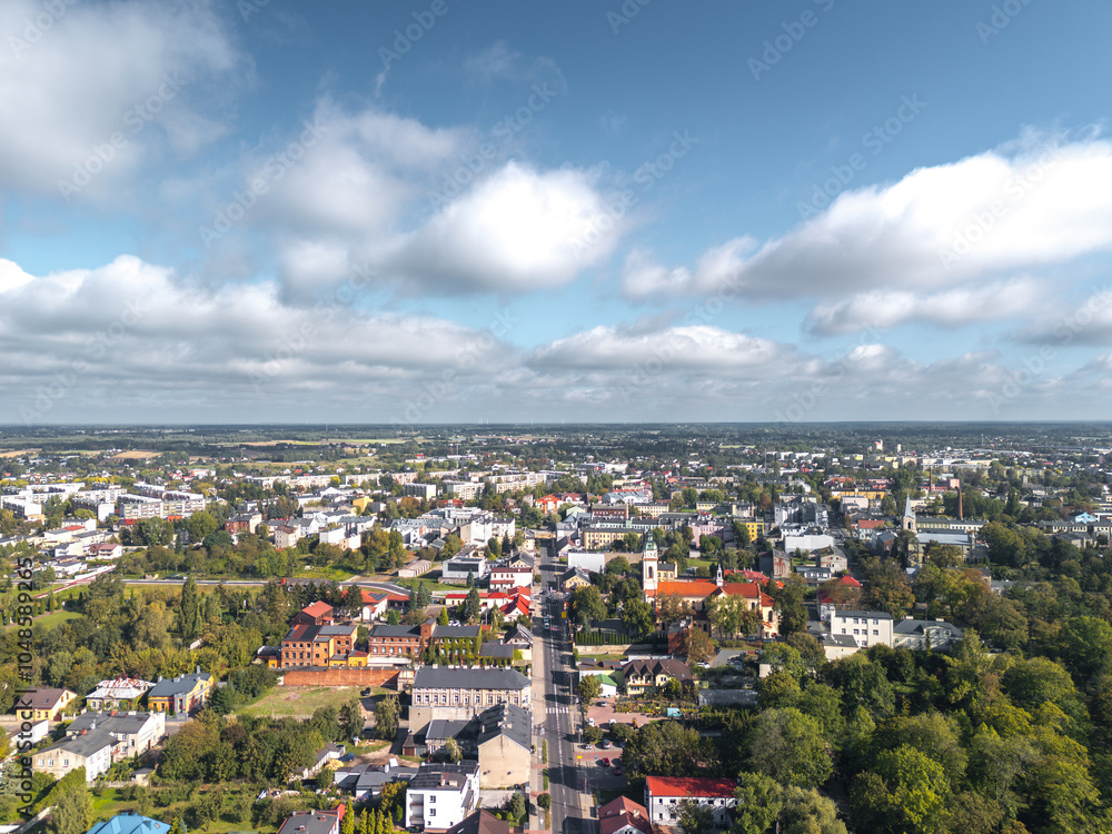 Summer aerial skyline cityscape of Zduńska Wola, Łódzkie, Poland. Wide panoramic view