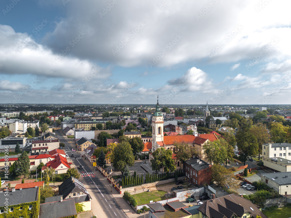 Summer aerial skyline cityscape of Zduńska Wola, Łódzkie, Poland. Wide panoramic view
