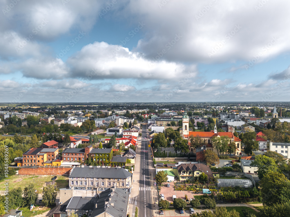 Summer aerial skyline cityscape of Zduńska Wola, Łódzkie, Poland. Wide panoramic view