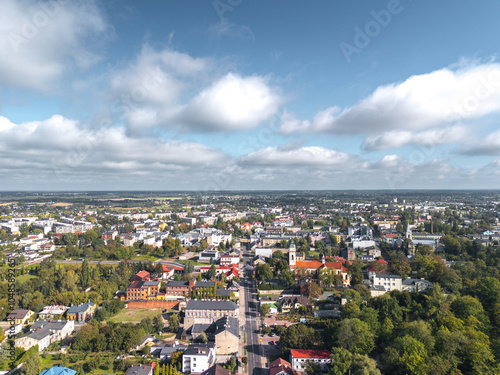 Obraz na płótnie Summer aerial skyline cityscape of Zduńska Wola, Łódzkie, Poland. Wide panoramic view w salonie