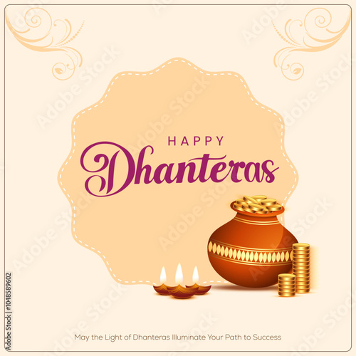 A pot filled with gold coins, a stack of coins and lit diyas The background is cream with a decorative border. The text HAPPY DHANTERAS  It celebrates Dhanteras, an auspicious day for purchasing gold
 photo