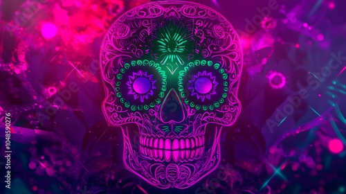 Wallpaper Mural Neon sugar skull with intricate patterns glowing in vibrant colors, creating mesmerizing and festive atmosphere. Perfect for celebrating cultural traditions and festivities Torontodigital.ca