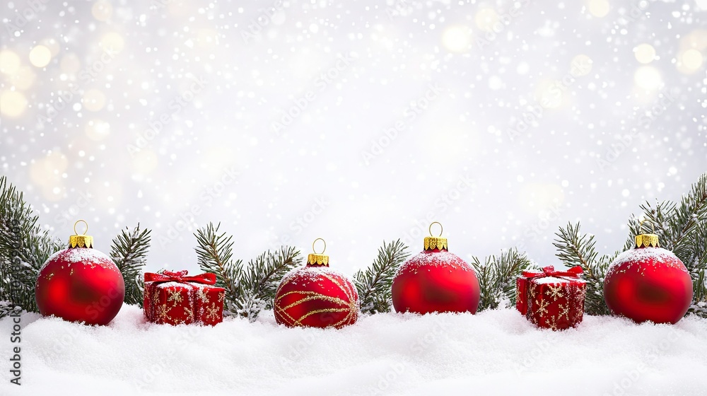 Festive Red Ornaments on Snowy Background Festive Red Ornaments on Snowy Background