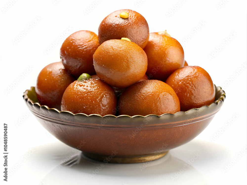 Authentic Indian sweets: delicious Gulab Jamun displayed in a stylish bowl, perfect for celebrating tradition and sharing culinary delights white background Authentic Indian sweets: delicious Gulab Jamun displayed in a stylish bowl, perfect for celebrating tradition and sharing culinary delights white background
