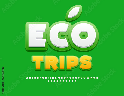 Vector touristic banner Eco Trips. Creative White and Green Font. Artistic Alphabet Letters, Numbers and Symbols set.