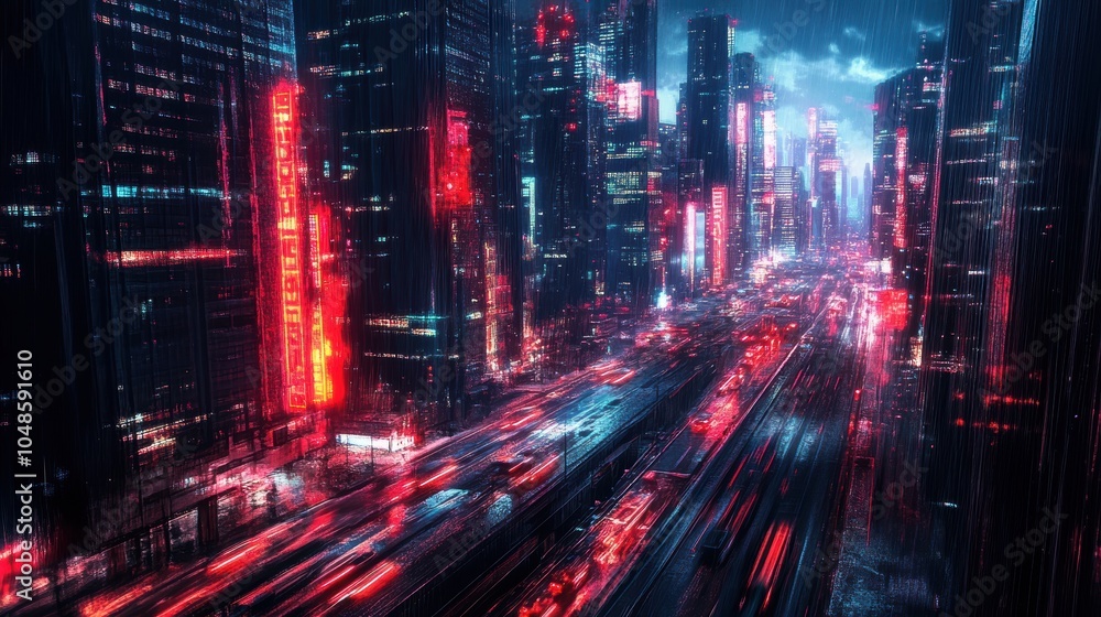 Fototapeta premium Rainy cyberpunk city with neon lights.