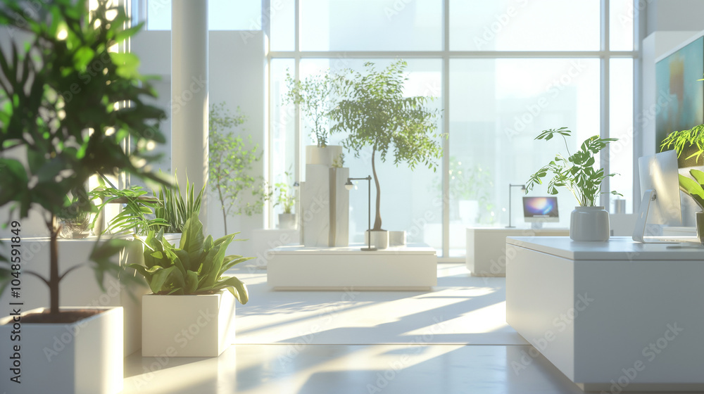 Fototapeta premium Bright open-plan workspace featuring modular white desks, indoor plants in simple pots, and floor-to-ceiling windows for natural light, fostering a calming, minimalist environment.