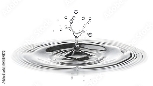 Water droplets splash and create ripples on a smooth surface in a close-up view, isolated on white background