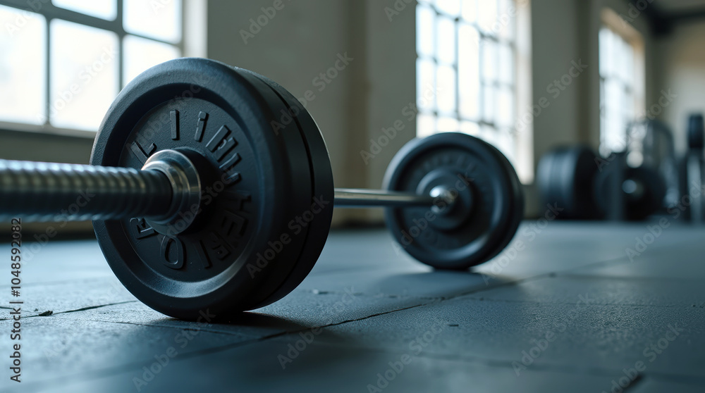 Unbranded Gym Barbell on a Textured Rubber Mat with Sunlit Window for Natural Ambience Unbranded Gym Barbell on a Textured Rubber Mat with Sunlit Window for Natural Ambience