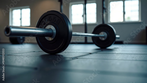 Close-Up of Weightlifting Barbell on Gym Floor with Natural Lighting from Windows