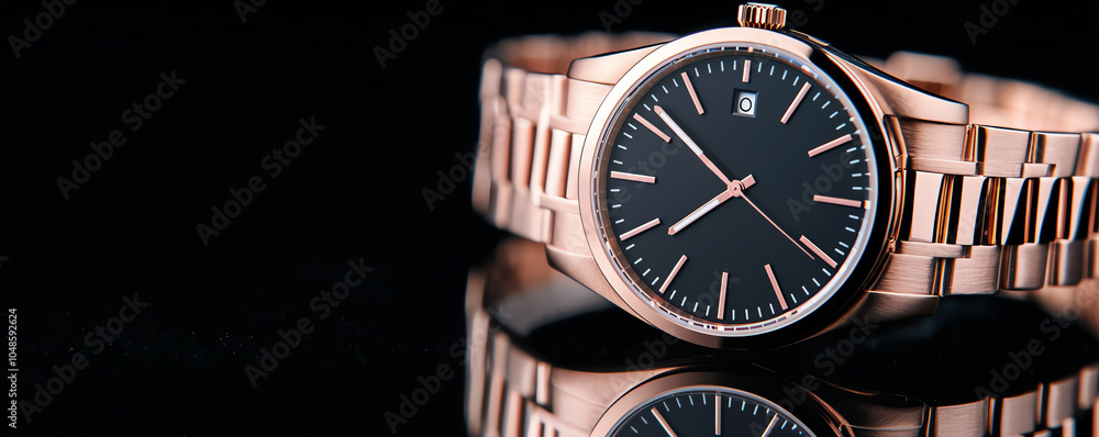Macro shot of a wristwatch with reflection, black studio background, luxury and detail Macro shot of a wristwatch with reflection, black studio background, luxury and detail